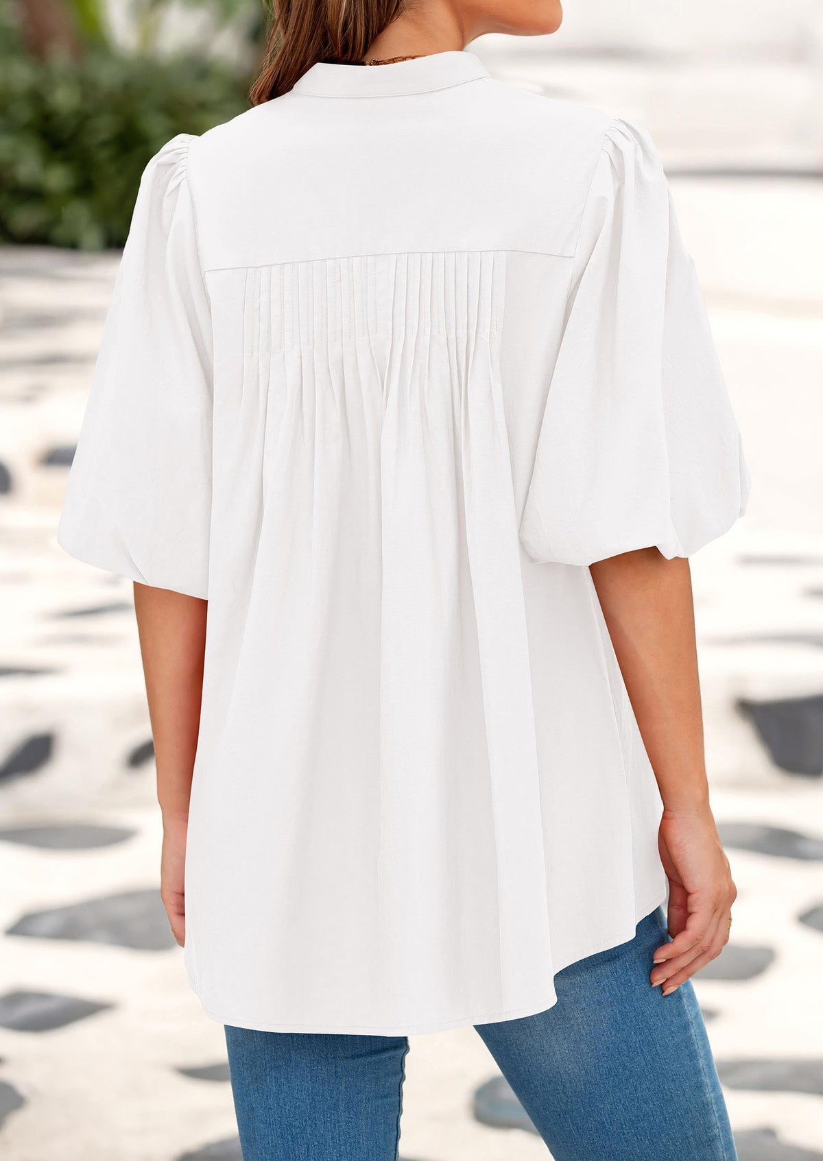 Women's 2025 Summer Short Lantern Sleeve Tops Loose Fit Button Down Shirt Casual Pleated V Neck Blouses