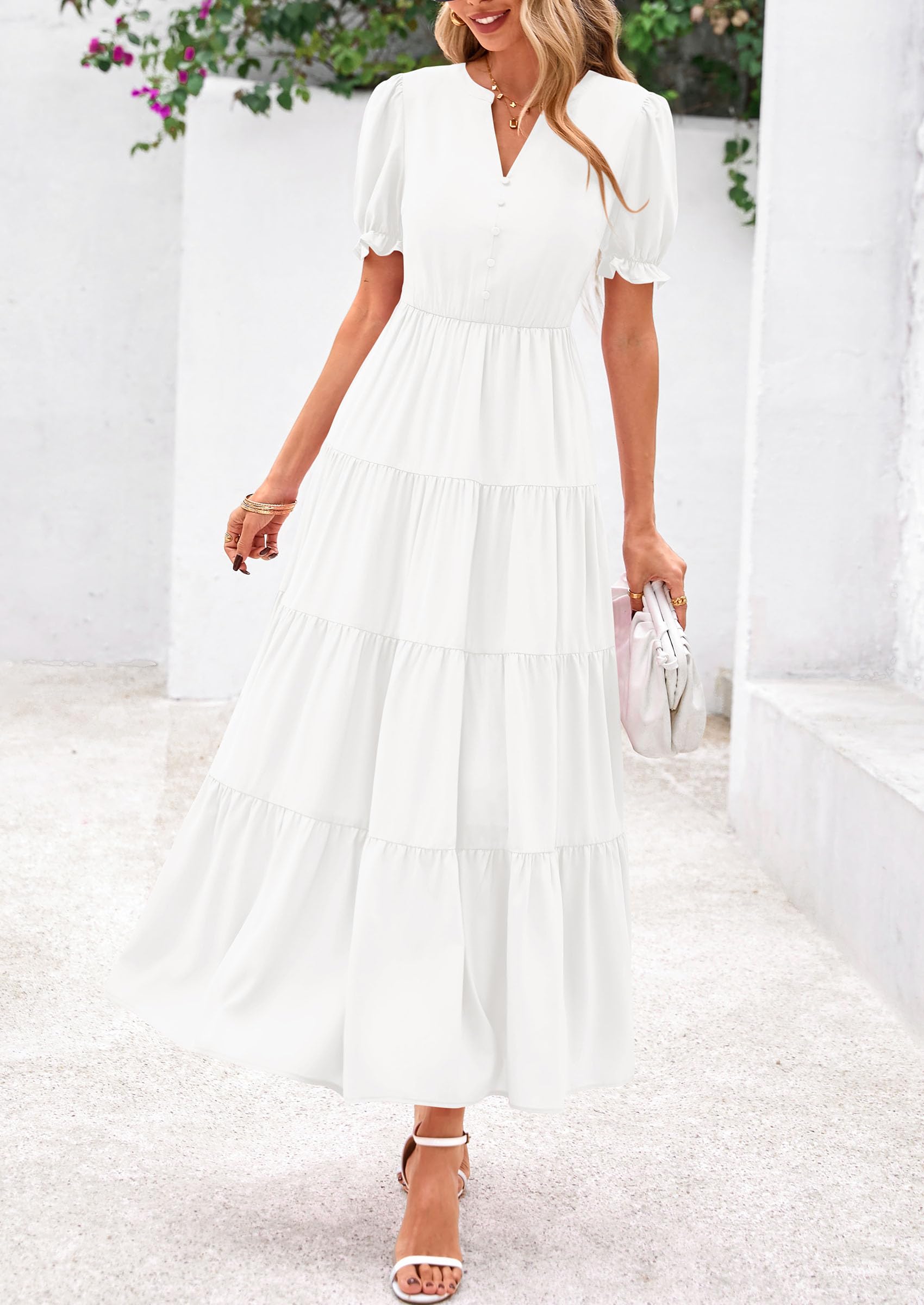 PRETTYGARDEN Women's Casual Short Sleeve V Neck Midi Dresses Spring A-line Tiered Wedding Guest Dress