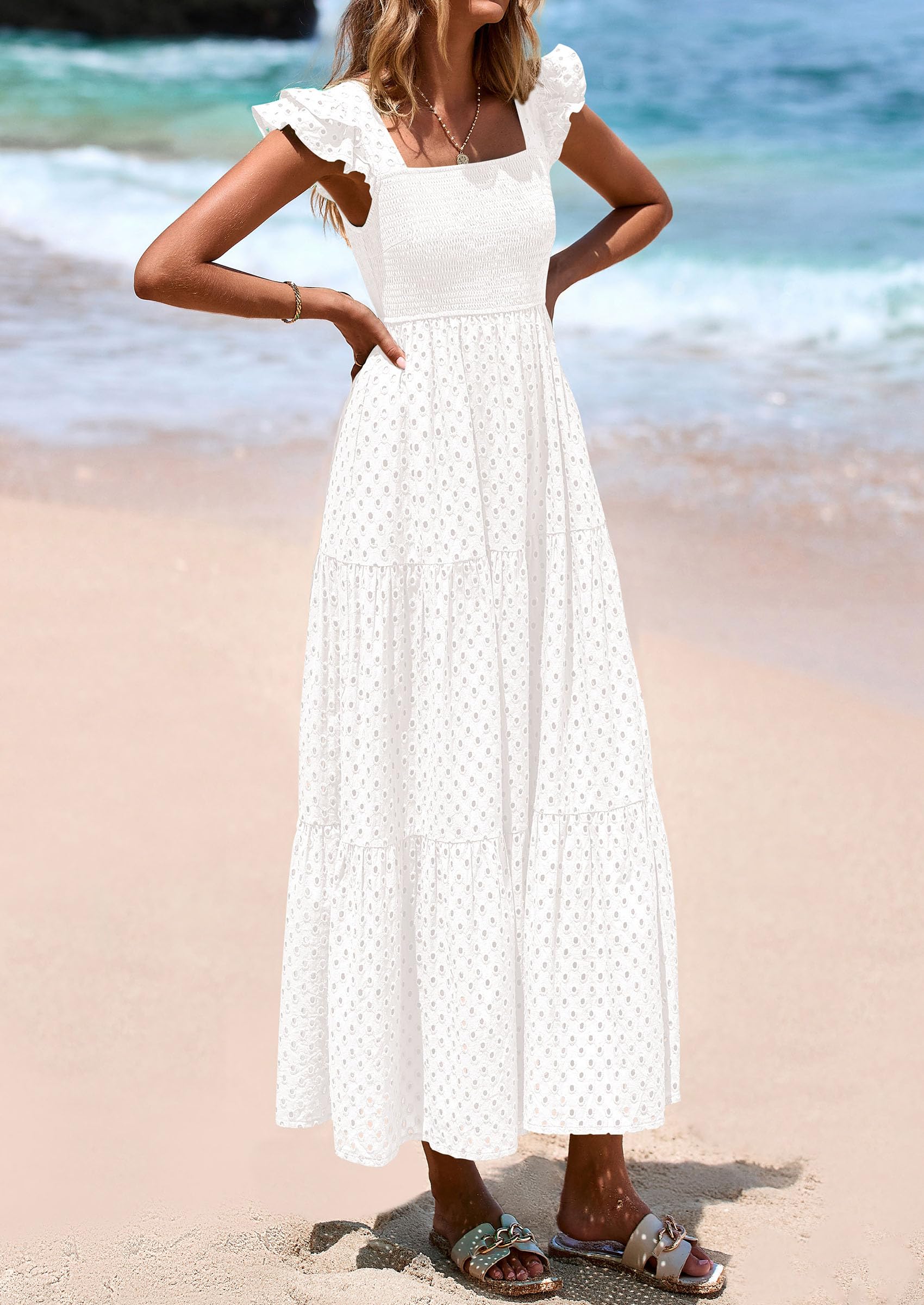 PRETTYGARDEN Womens Square Neck Maxi Dresses Cap Sleeve Eyelet Smocked Tiered A Line Flowy Long Dress with Pockets