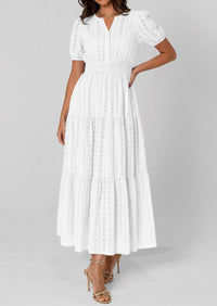 PRETTYGARDEN Womens Summer Maxi Dresses Casual Puff Sleeve V Neck Smocked Flowy Eyelet Cotton Dress Spring Sundress PRETTYGARDEN