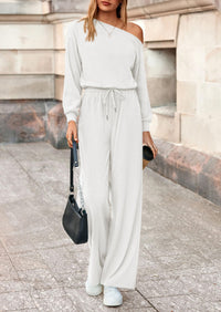 PRETTYGARDEN Long Sleeve Jumpsuit For Women Dressy Off Shoulder One Piece Loose Wide Leg Jumpsuits Casual Flowy Romper