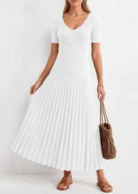 PRETTYGARDEN Women's Spring Midi Sweater Dresses Elegant Pleated Ribbed Knit Short Sleeve V Neck A Line Summer Outfits PRETTYGARDEN