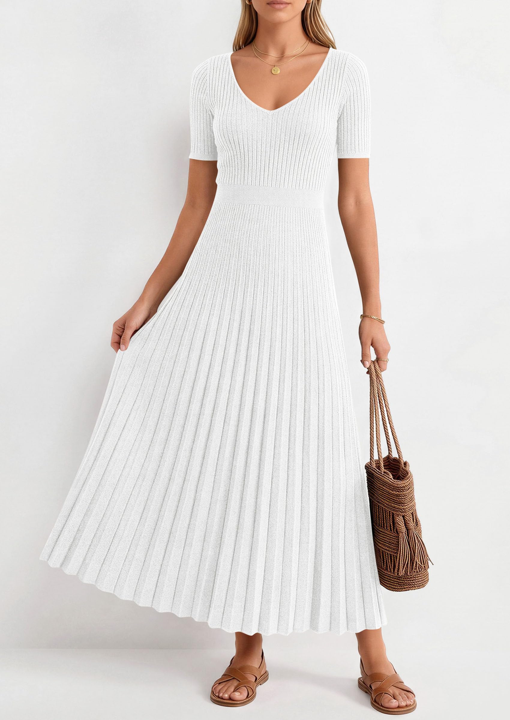 PRETTYGARDEN Women's Spring Midi Sweater Dresses Elegant Pleated Ribbed Knit Short Sleeve V Neck A Line Summer Outfits PRETTYGARDEN