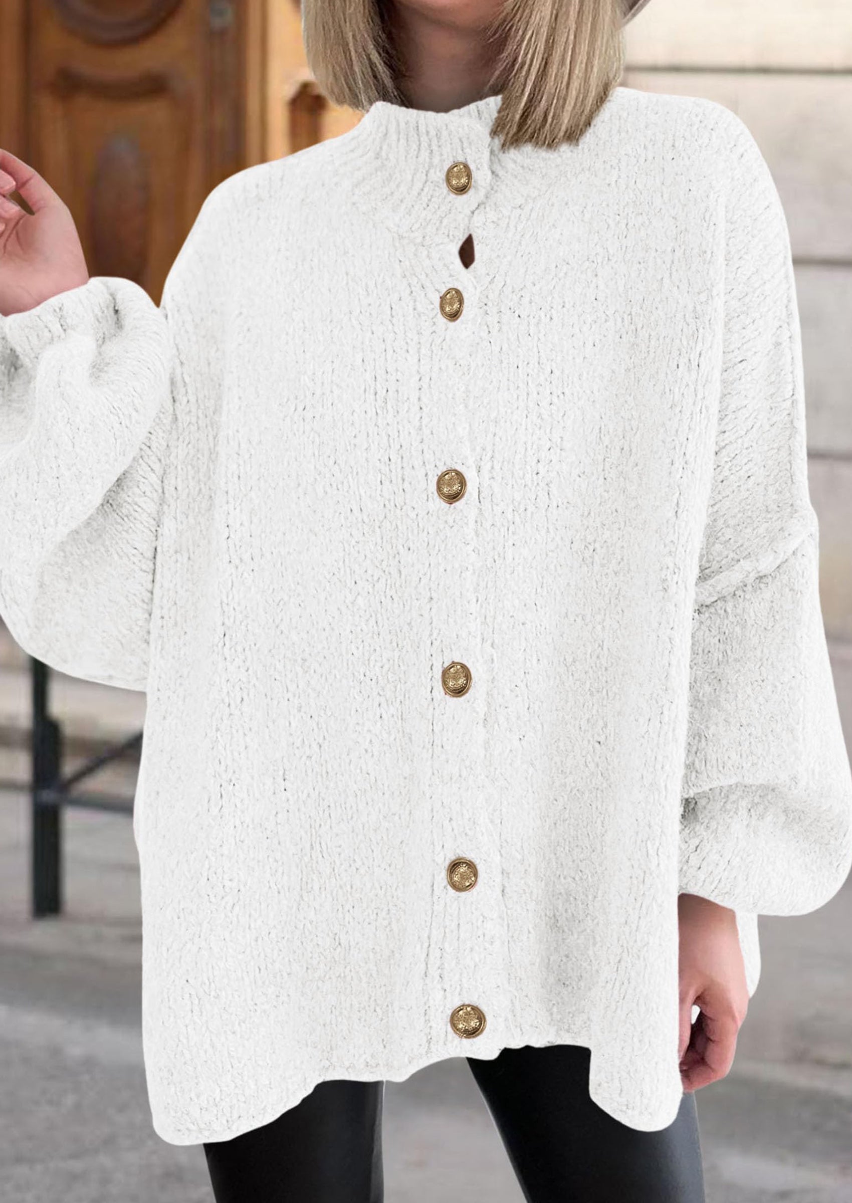 PRETTYGARDEN Women's Winter Button Down Cardigan Sweaters Mock Neck Lantern Long Sleeve Chunky Knit Jacket Trendy Outerwear