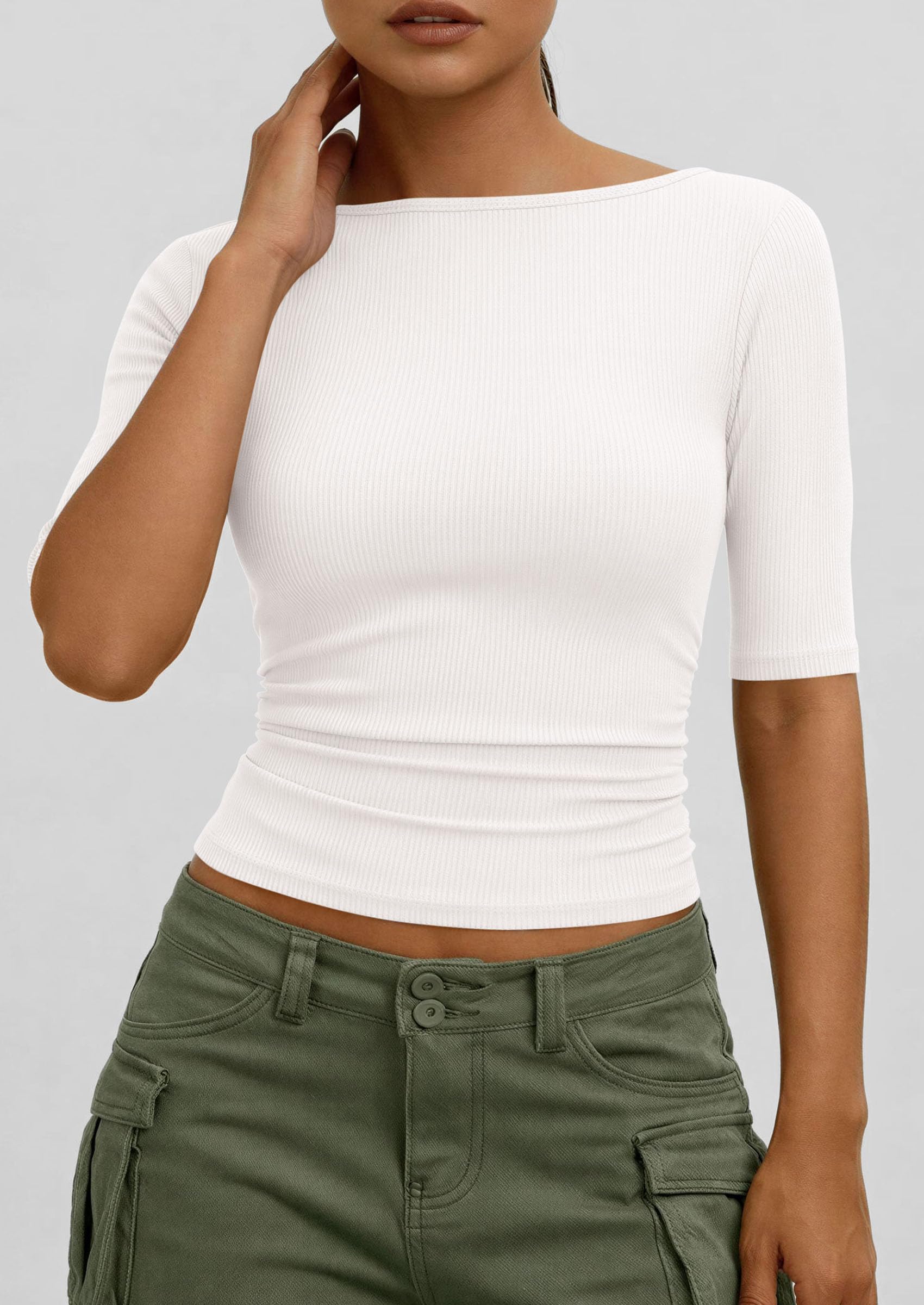 PRETTYGARDEN Womens Summer Short Sleeve Tops Boat Neck Ribbed Knit Slim Fit T Shirt Casual Basic Top Spring Clothes PRETTYGARDEN