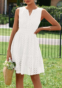 PRETTYGARDEN Women's Summer Dresses Sleeveless V Neck Eyelet Hollow Out Swing A Line Beach Vacation Sun Dress PRETTYGARDEN