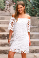 Women's Summer Off Shoulder Vintage Floral Lace Flare Short Sleeve Loose Elegant Mini Dress