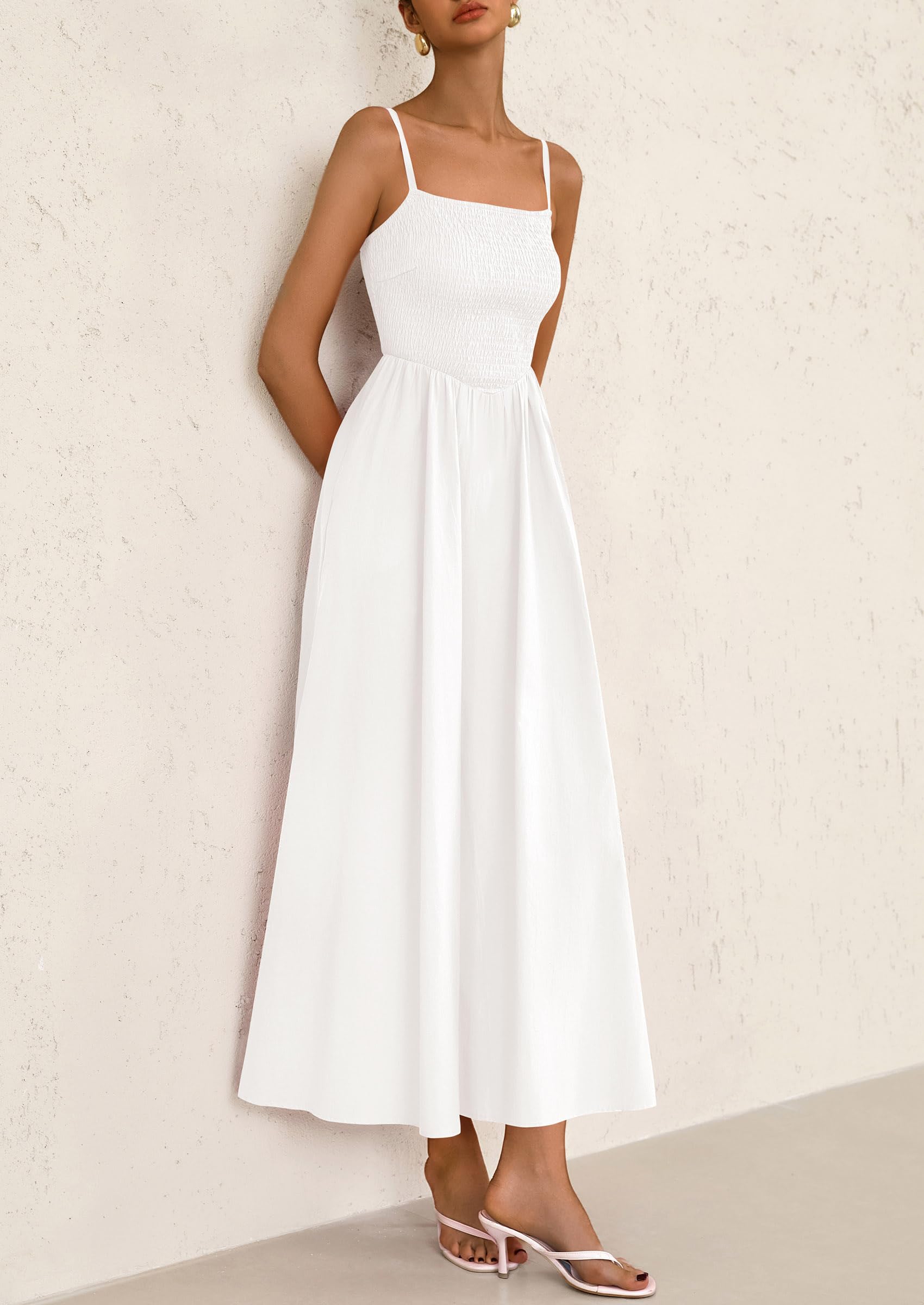 PRETTYGARDEN Women's Smocked Maxi Dresses Beach Sundress Casual Spaghetti Strap Swing A Line Long Flowy Dress