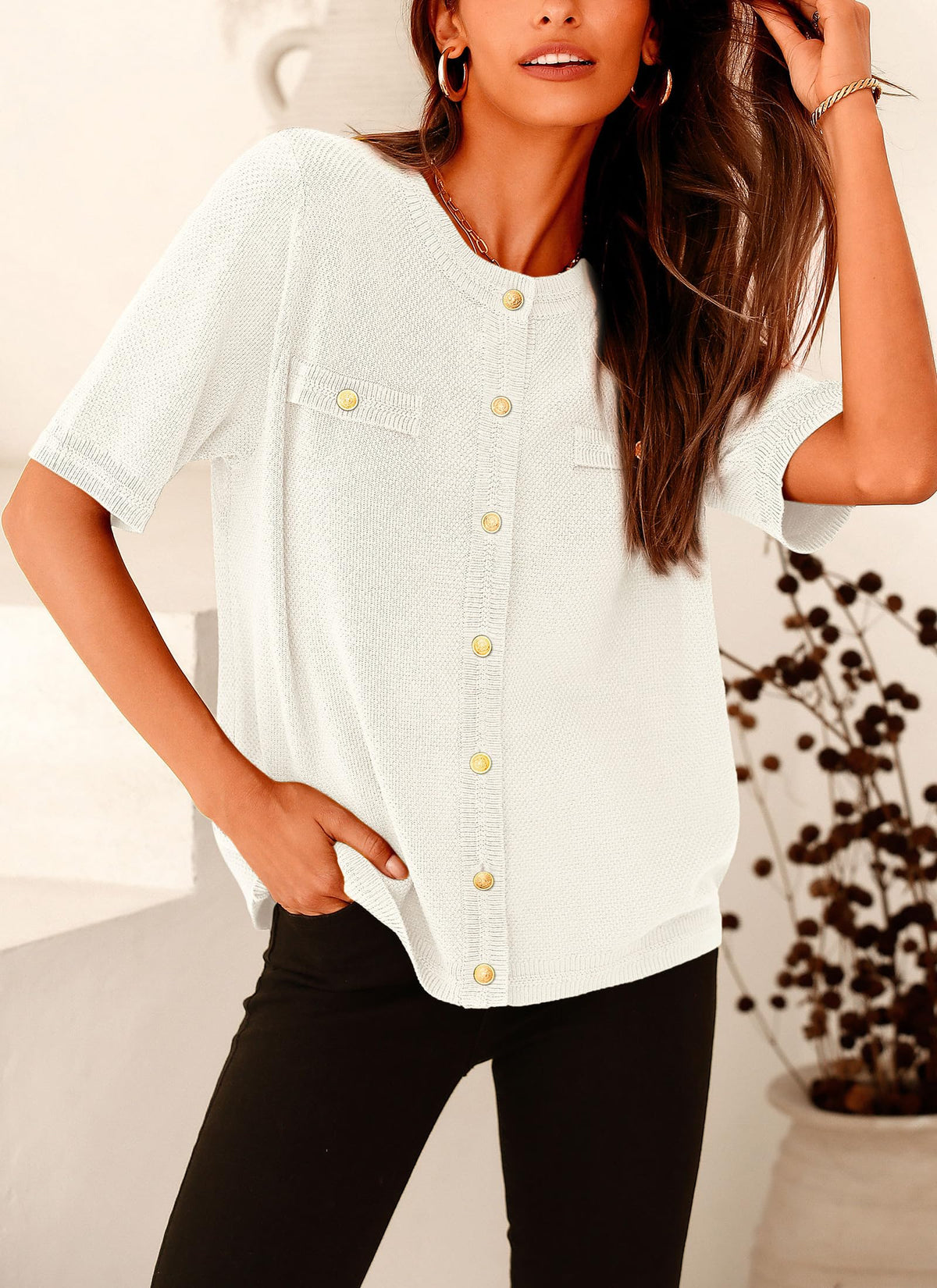 Summer Button Down Shirts Casual Short Sleeve Crew Neck Ribbed Knit Blouse Top Cardigans