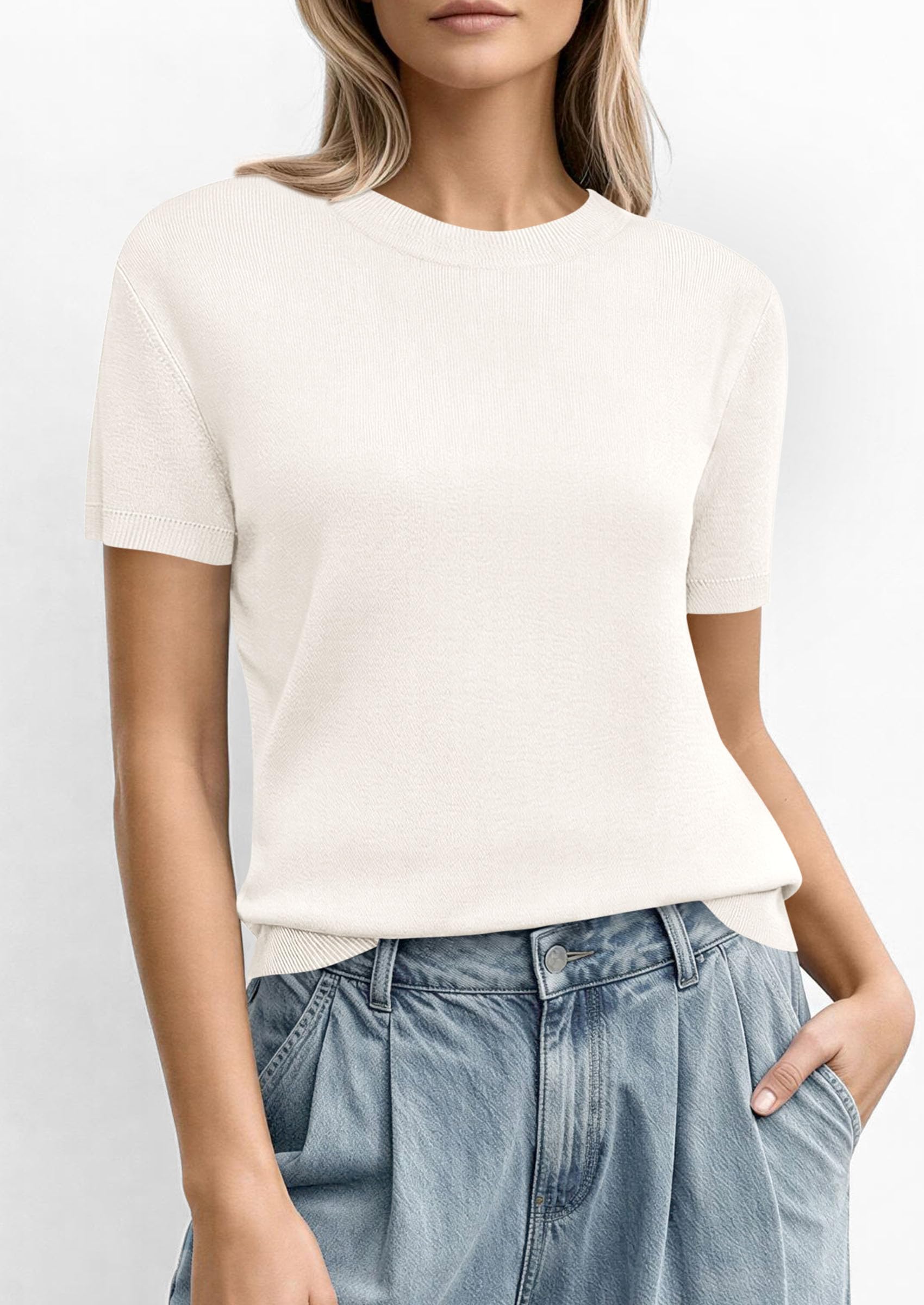 PRETTYGARDEN Women's Short Sleeve Sweaters Spring Crew Neck Knit Work Shirts Business Casual Tops Summer Fashion Clothes PRETTYGARDEN