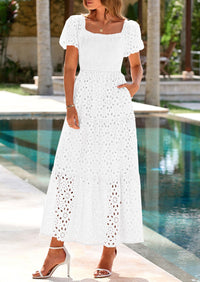 PRETTYGARDEN Dresses for Women Eyelet Square Neck Puff Sleeve Smocked Wedding Guest Maxi Dress with Pockets