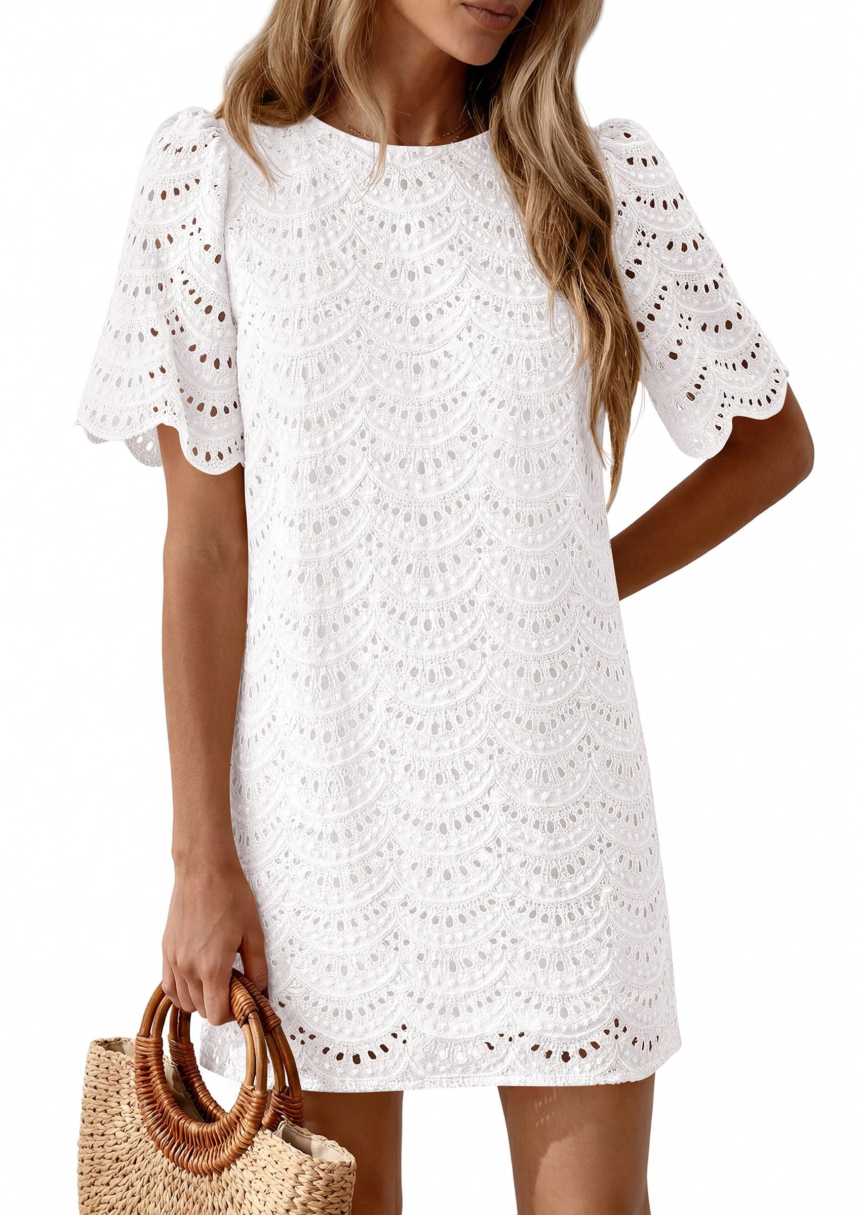 PRETTYGARDEN Women's Summer Casual Short Dresses Embroidered Lace Short Sleeve Boho Mini Dress Beach Vacation Clothes PRETTYGARDEN