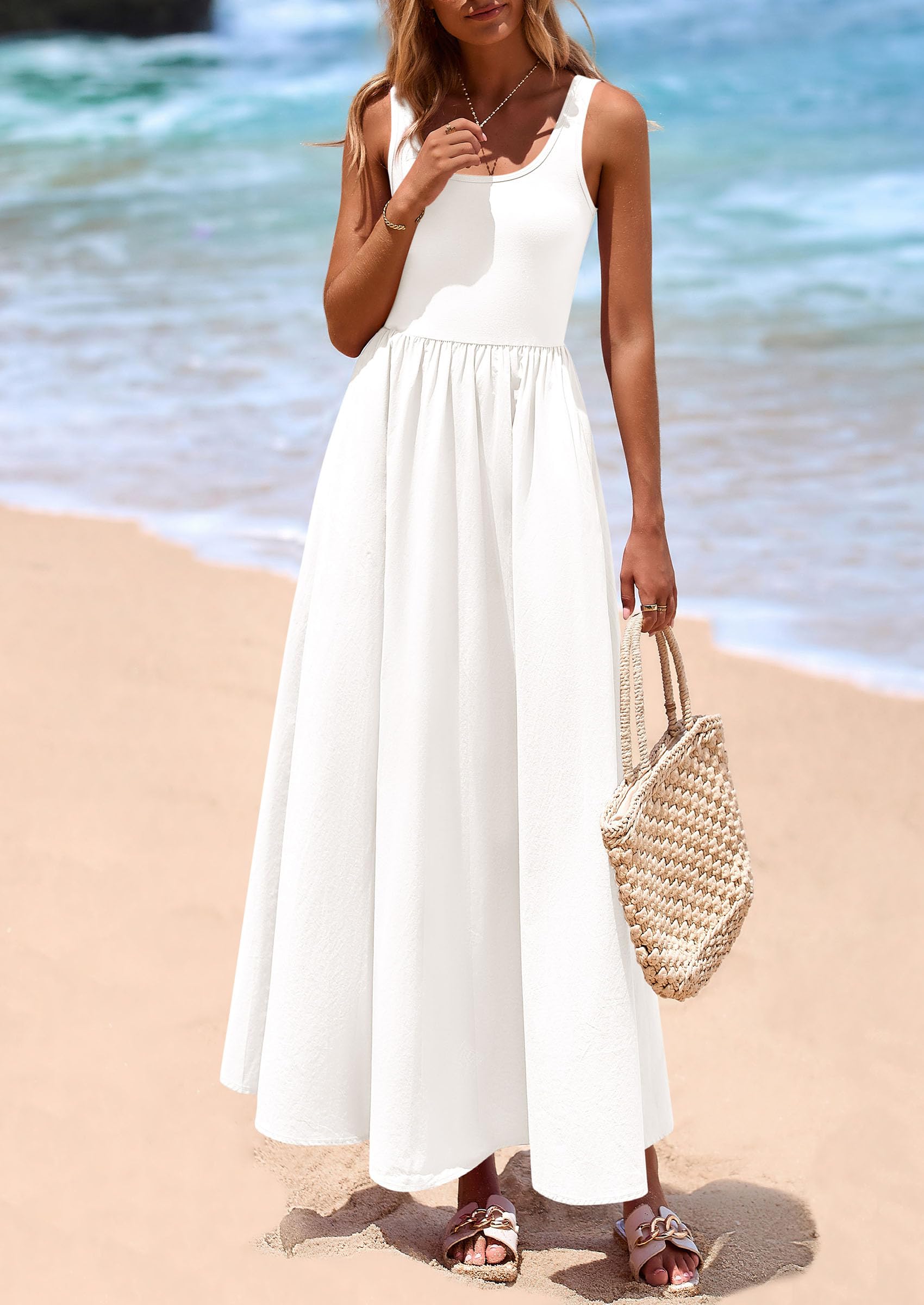 PRETTYGARDEN Womens Summer Casual Scoop Neck Sleeveless Long Dresses Tank Top Patchwork Aline Swing Maxi Dress with Pockets