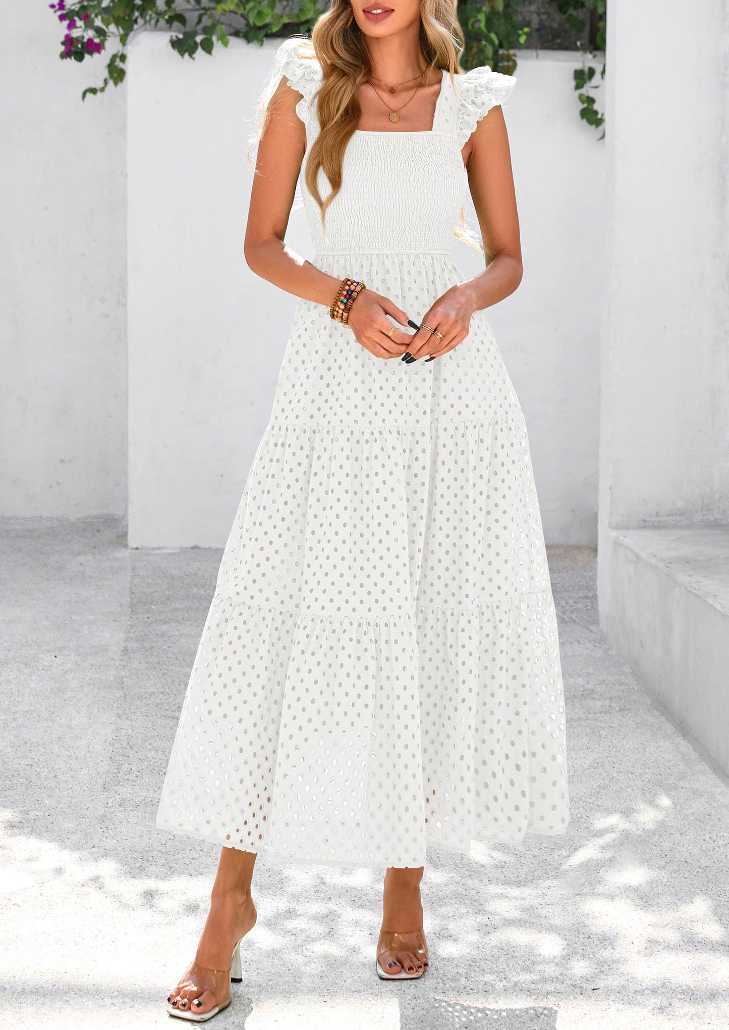 Womens Summer Square Neck Maxi Dresses Cap Sleeve Eyelet Smocked Tiered A Line Flowy Long Dress with Pockets