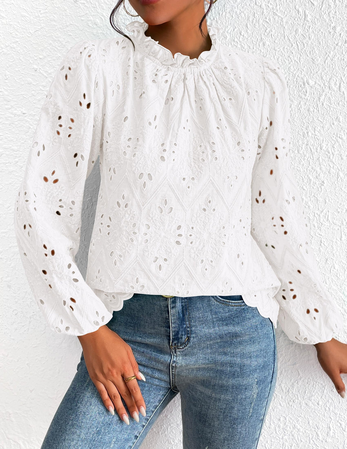 Womens Blouses Dressy Casual Embroidered Long Puff Sleeve Shirts Ruffle Eyelet Lace Top Fall Clothes