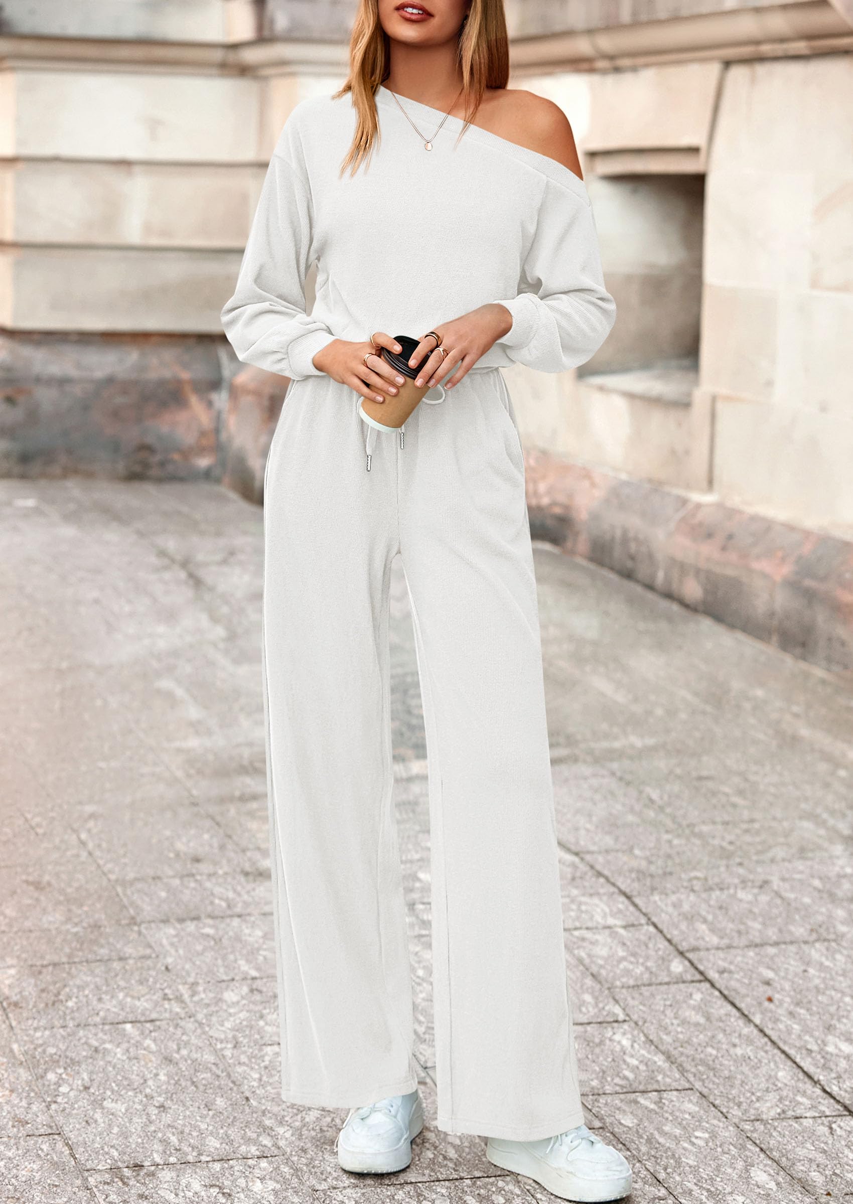 PRETTYGARDEN Long Sleeve Jumpsuit For Women Dressy Off Shoulder One Piece Loose Wide Leg Jumpsuits Casual Flowy Romper