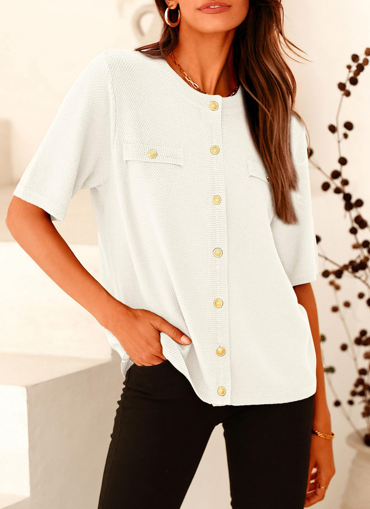 Summer Button Down Shirts Casual Short Sleeve Crew Neck Ribbed Knit Blouse Top Cardigans