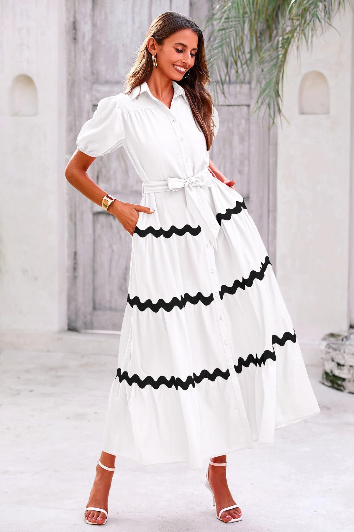 Summer Maxi Button Down Puff Short Sleeve Ruffle Long Flowy Shirt Dresses With Belt