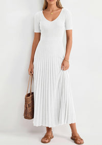 PRETTYGARDEN Women's Spring Midi Sweater Dresses Elegant Pleated Ribbed Knit Short Sleeve V Neck A Line Summer Outfits PRETTYGARDEN