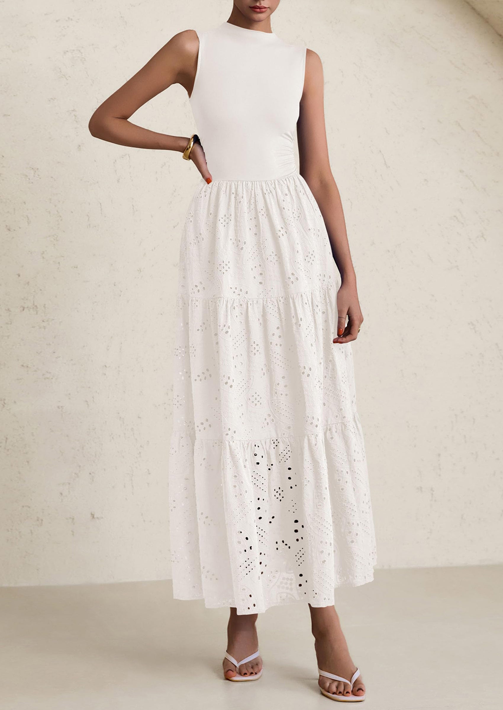 PRETTYGARDEN Dresses for Women Casual Eyelet Sleeveless Wedding Guest Maxi Dress Tank Top Sundress with Pockets