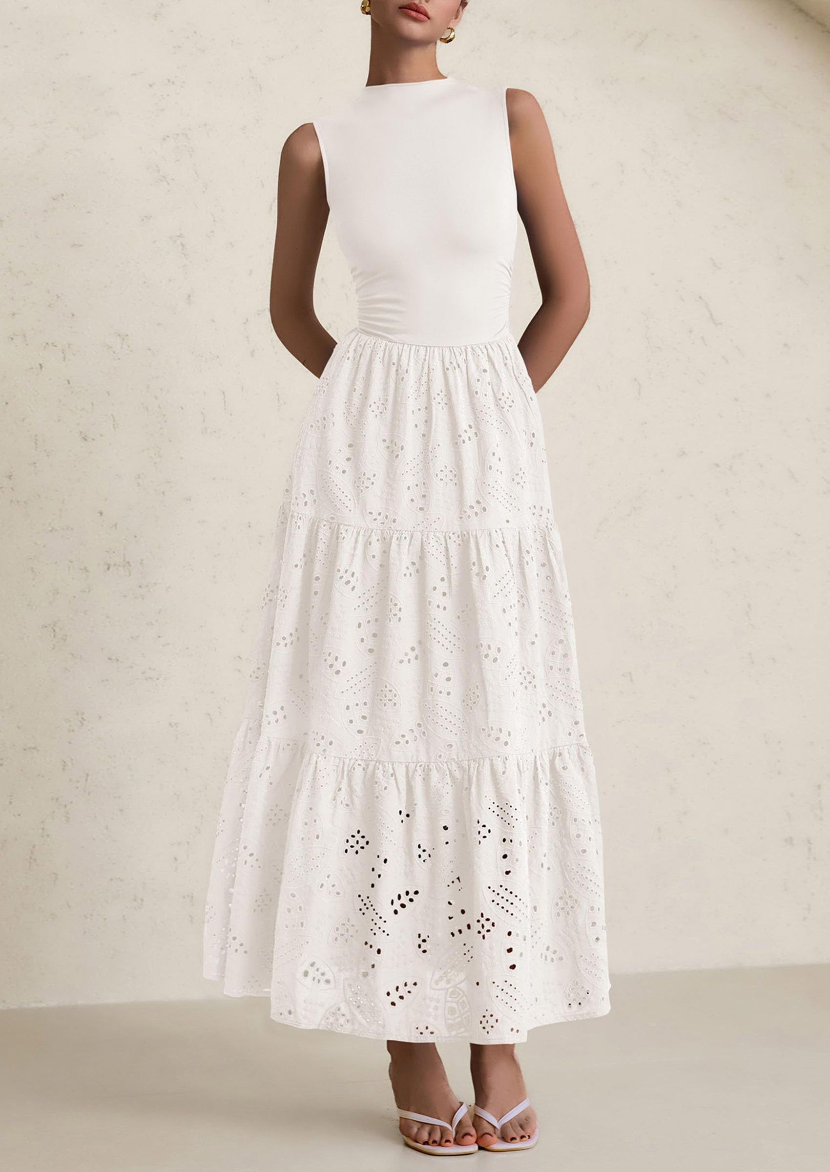 PRETTYGARDEN Dresses for Women Casual Eyelet Sleeveless Wedding Guest Maxi Dress Tank Top Sundress with Pockets