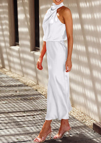 PRETTYGARDEN Women's Summer Satin Dress Elegant Sleeveless Mock Neck Cocktail Party Maxi Dresses