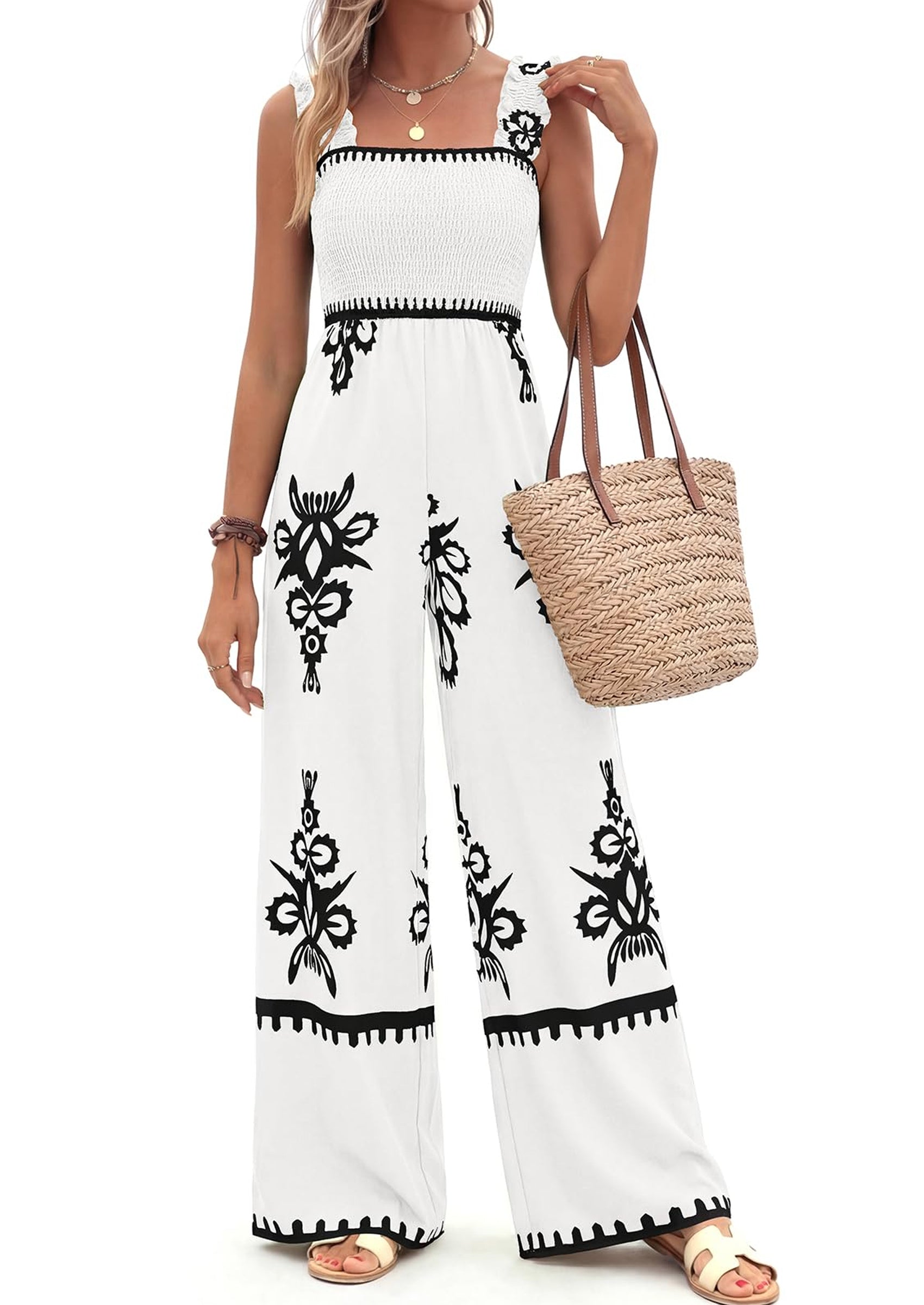PRETTYGARDEN Womens Jumpsuit Casual One Piece Boho Summer Outfits Shirred Strap Wide Leg Long Pants Rompers With Pockets