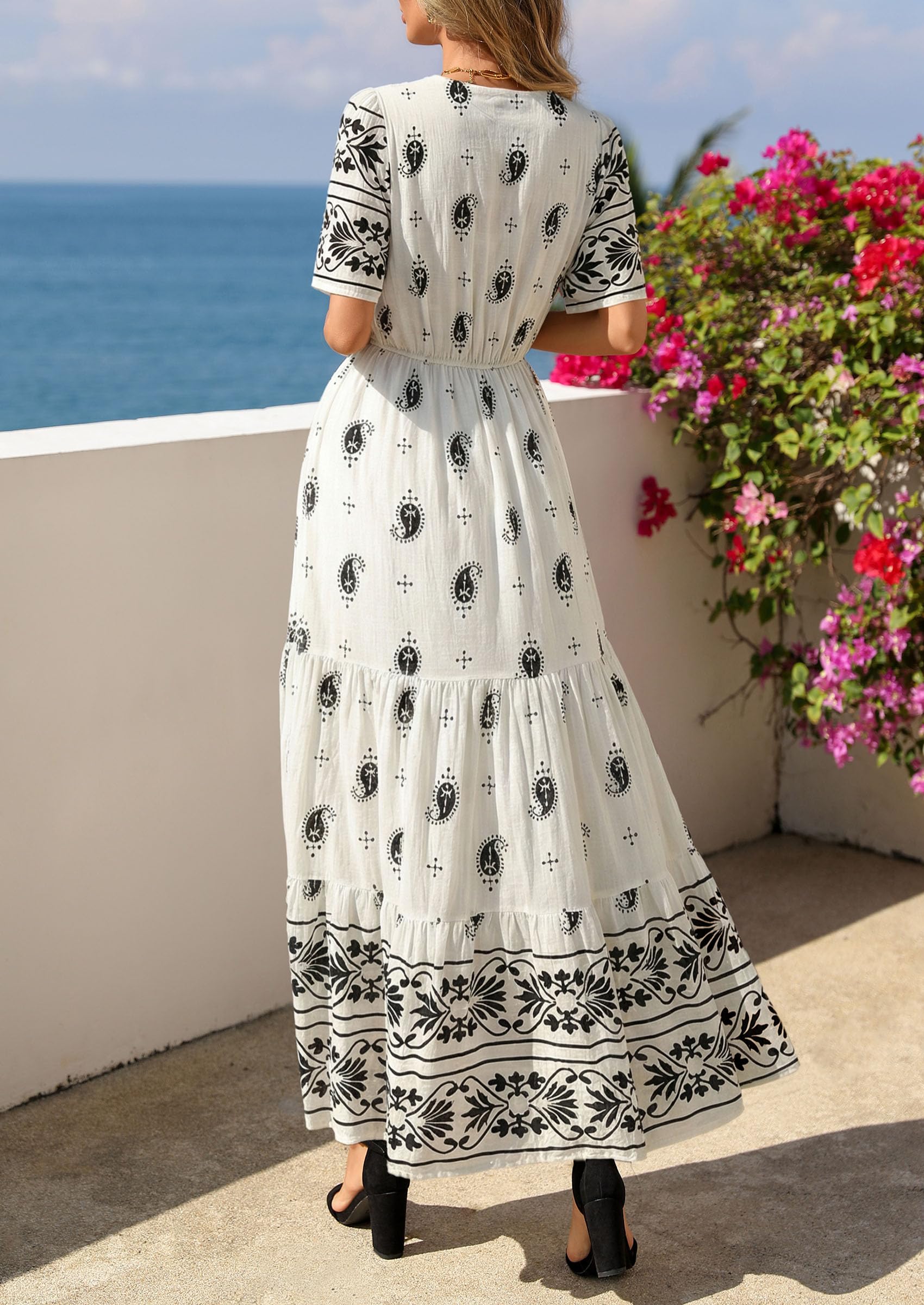 PRETTYGARDEN Womens Summer Boho Maxi Dress Trendy Short Sleeve V Neck Flowy Beach Floral Dresses with Pockets PRETTYGARDEN