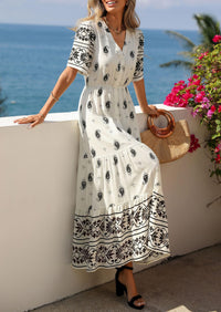 PRETTYGARDEN Womens Summer Boho Maxi Dress Trendy Short Sleeve V Neck Flowy Beach Floral Dresses with Pockets PRETTYGARDEN