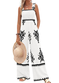 PRETTYGARDEN Womens Jumpsuit Casual One Piece Boho Summer Outfits Shirred Strap Wide Leg Long Pants Rompers With Pockets