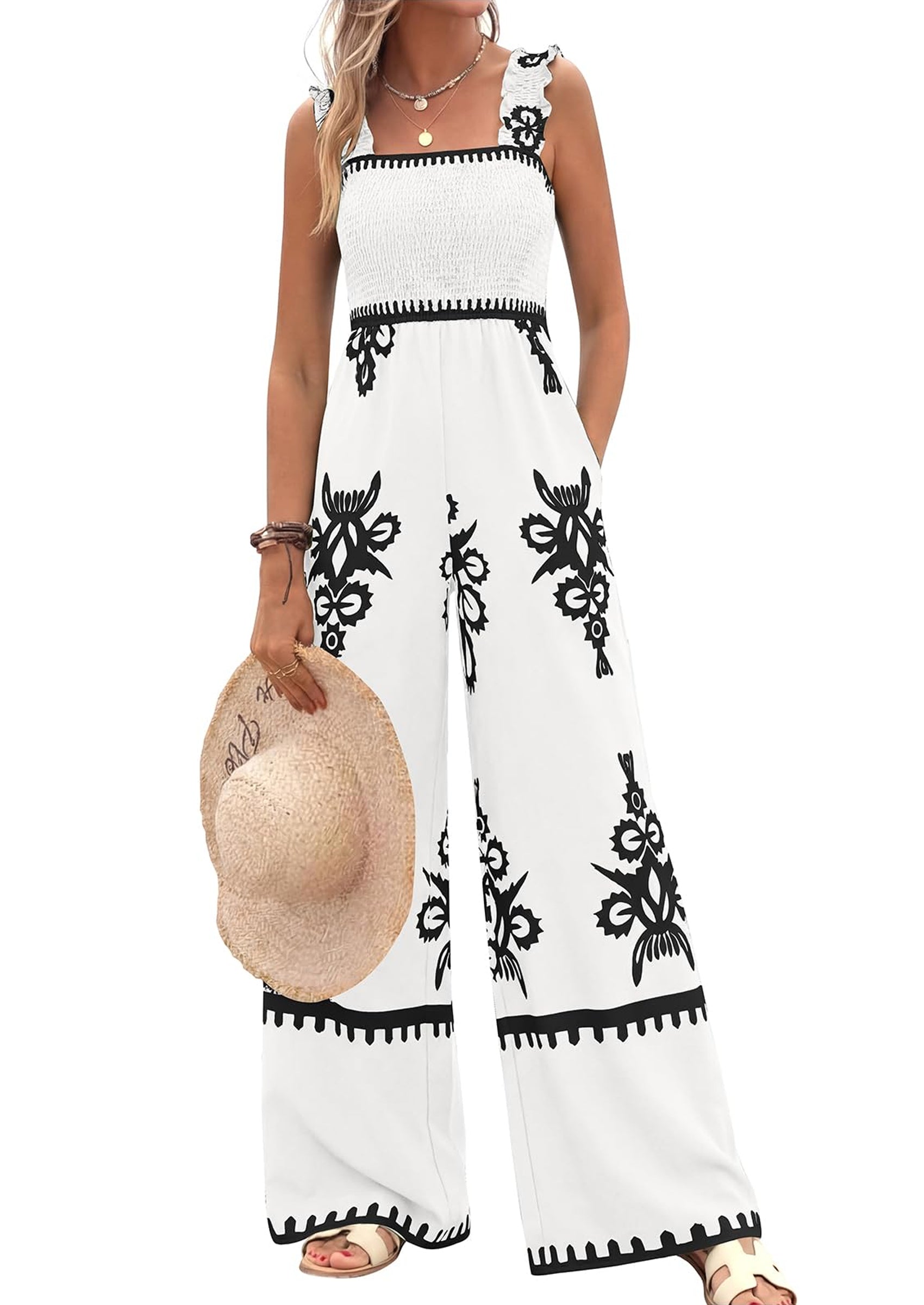 PRETTYGARDEN Womens Jumpsuit Casual One Piece Boho Summer Outfits Shirred Strap Wide Leg Long Pants Rompers With Pockets