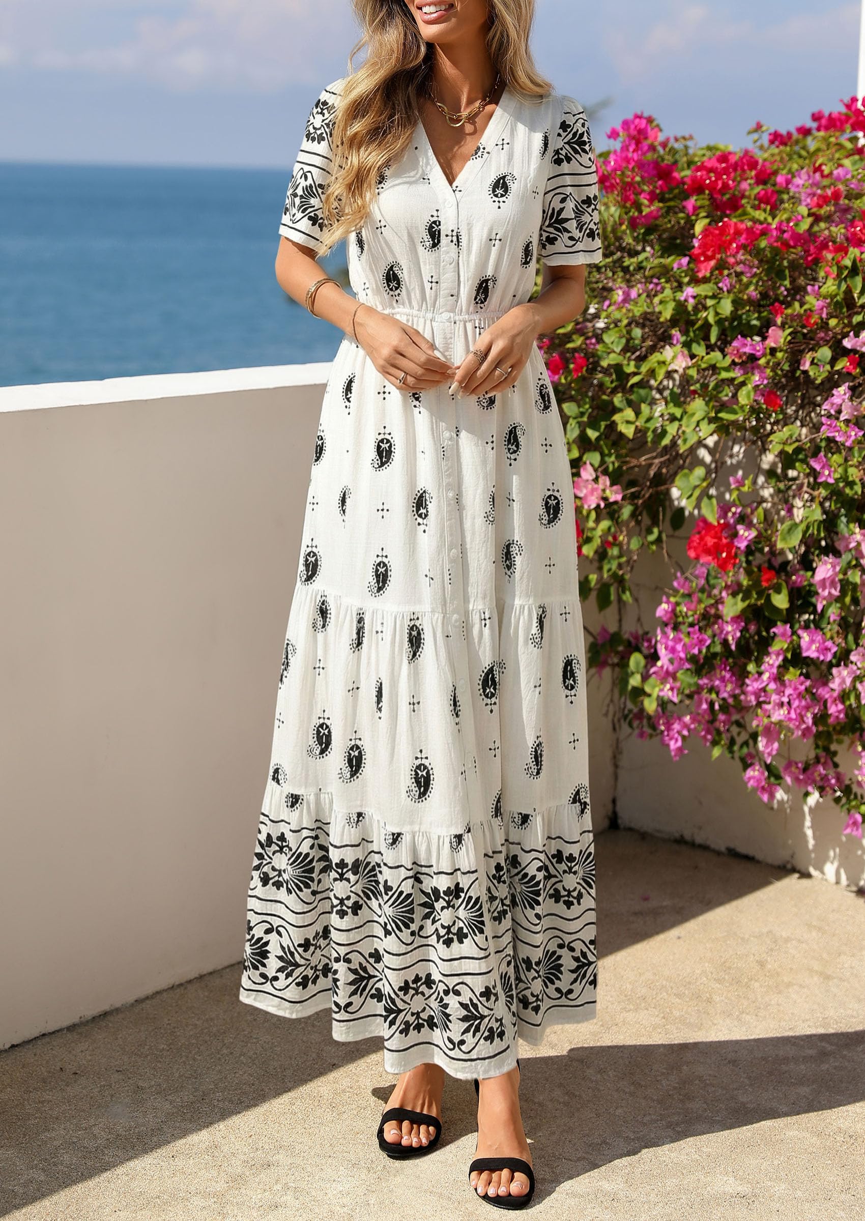 PRETTYGARDEN Womens Summer Boho Maxi Dress Trendy Short Sleeve V Neck Flowy Beach Floral Dresses with Pockets PRETTYGARDEN