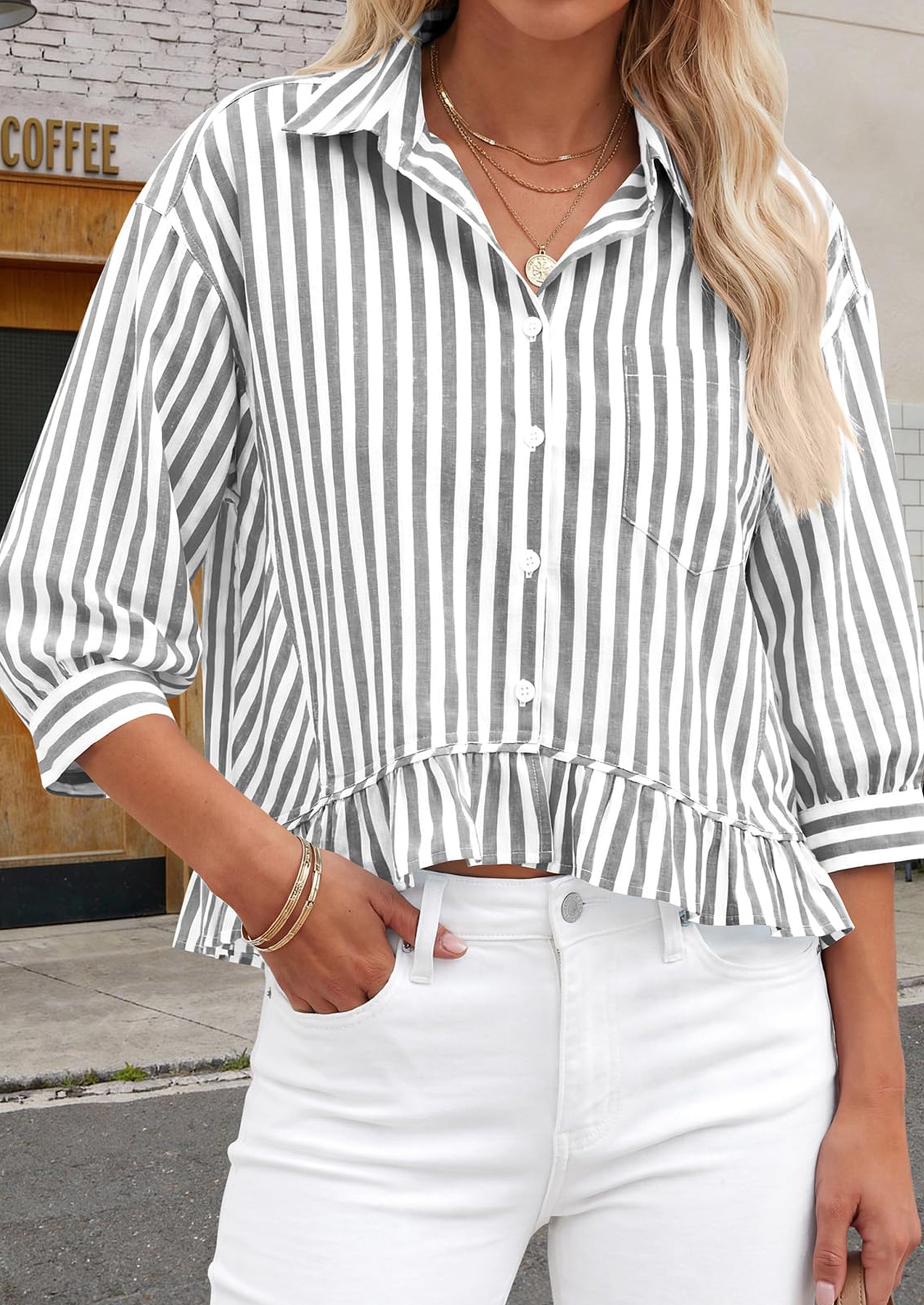 PRETTYGARDEN Collared V Neck 3/4 Length Sleeve Womens Tops Casual Striped Ruffle Button Down Shirts for Women Trendy Blouses PRETTYGARDEN