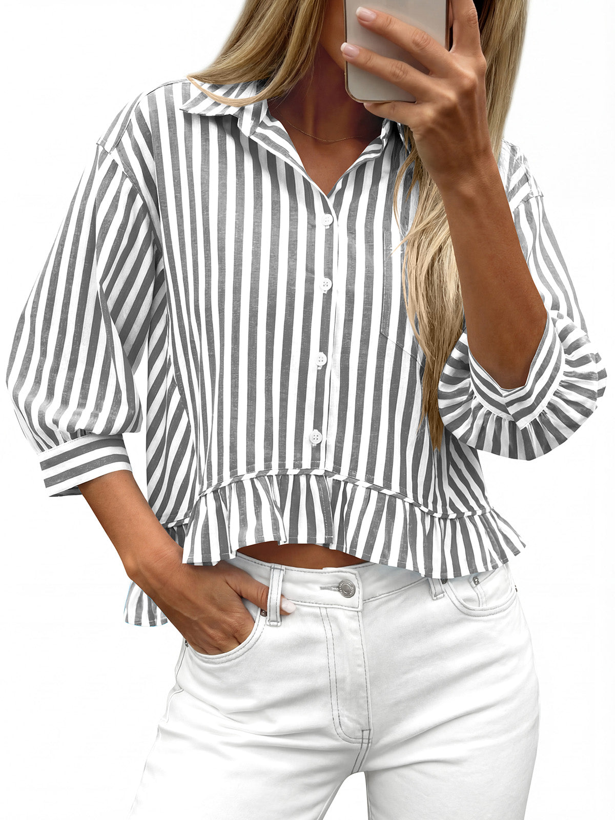 PRETTYGARDEN Collared V Neck 3/4 Length Sleeve Womens Tops Casual Striped Ruffle Button Down Shirts for Women Trendy Blouses PRETTYGARDEN