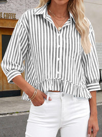 PRETTYGARDEN Collared V Neck 3/4 Length Sleeve Womens Tops Casual Striped Ruffle Button Down Shirts for Women Trendy Blouses PRETTYGARDEN