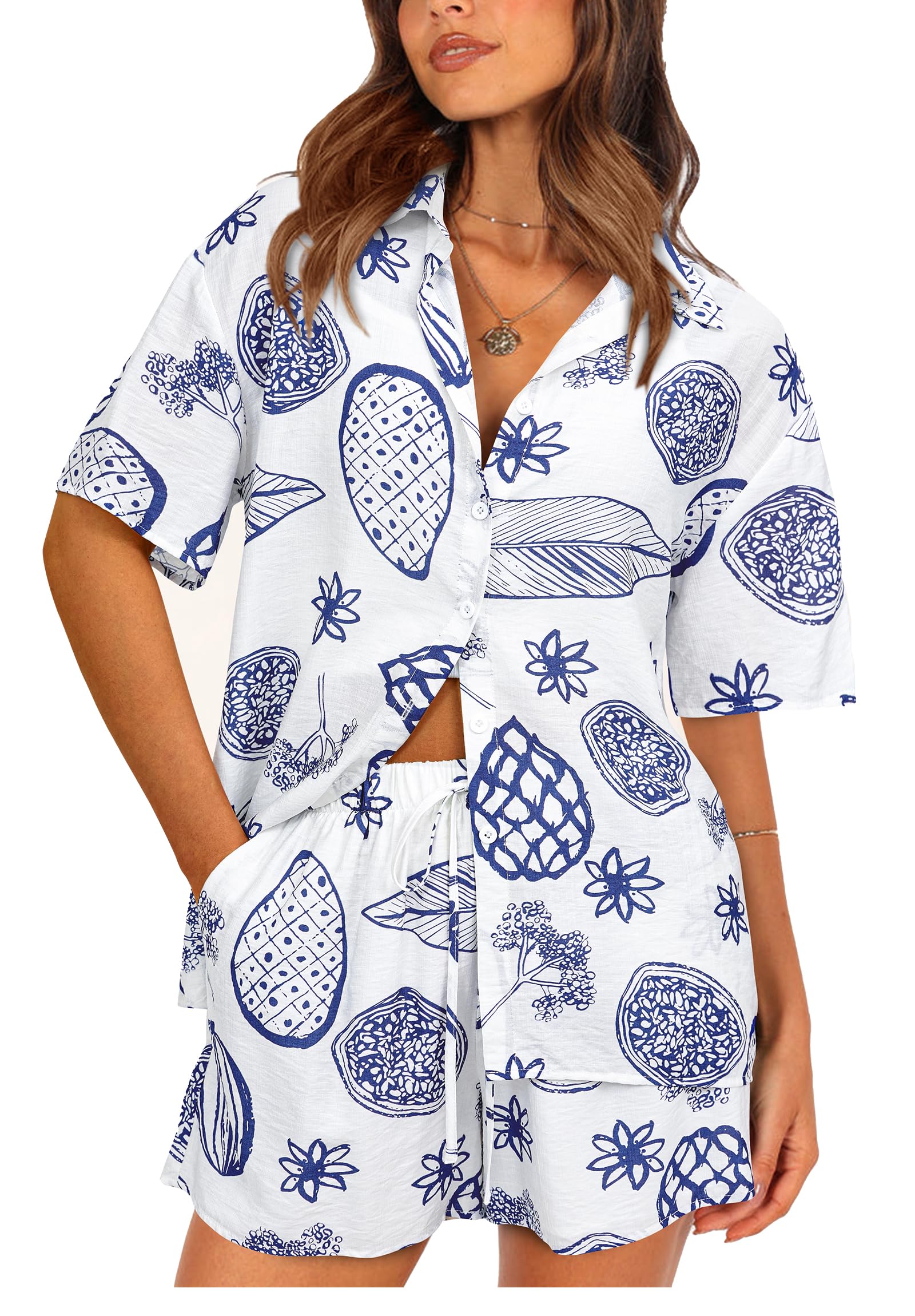 PRETTYGARDEN Women Summer 2 Piece Sets Printed Short Sleeve Tops Lounge Shorts Beach Vacation Outfits