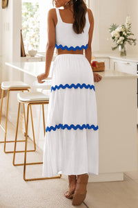 2 Piece Summer Casual Sleeveless Cropped Tank Top High Waisted Maxi Skirt Set