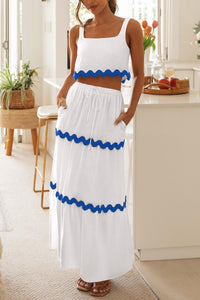 2 Piece Summer Casual Sleeveless Cropped Tank Top High Waisted Maxi Skirt Set