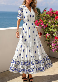 PRETTYGARDEN Womens Summer Boho Maxi Dress Trendy Short Sleeve V Neck Flowy Beach Floral Dresses with Pockets PRETTYGARDEN