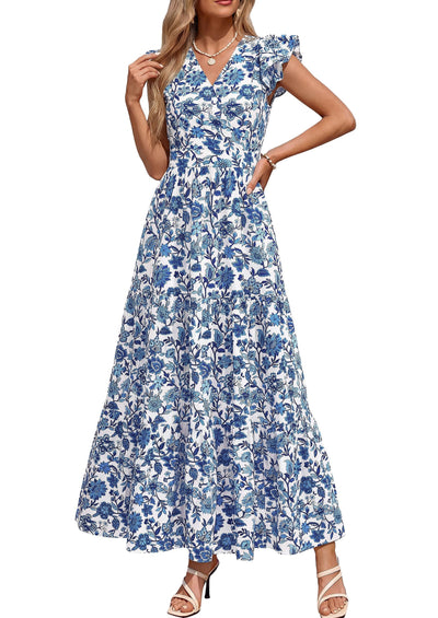 PRETTYGARDEN Womens Summer Maxi Dresses Casual V Neck Ruffle Sleeve Wrap V Neck Floral A Line Flowy Beach Boho Dress PRETTYGARDEN