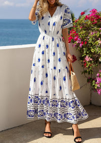 PRETTYGARDEN Womens Summer Boho Maxi Dress Trendy Short Sleeve V Neck Flowy Beach Floral Dresses with Pockets PRETTYGARDEN