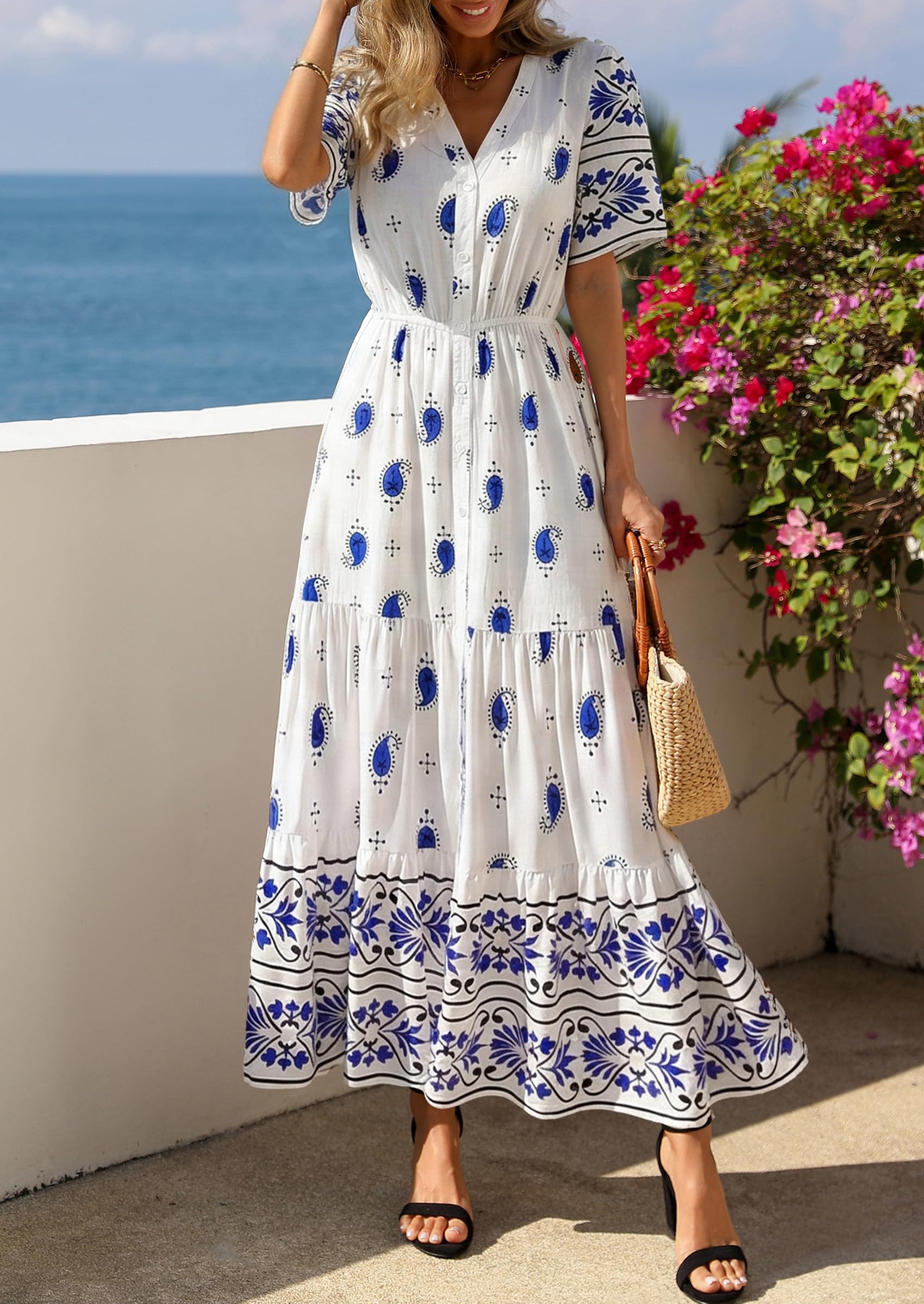 PRETTYGARDEN Womens Summer Boho Maxi Dress Trendy Short Sleeve V Neck Flowy Beach Floral Dresses with Pockets PRETTYGARDEN