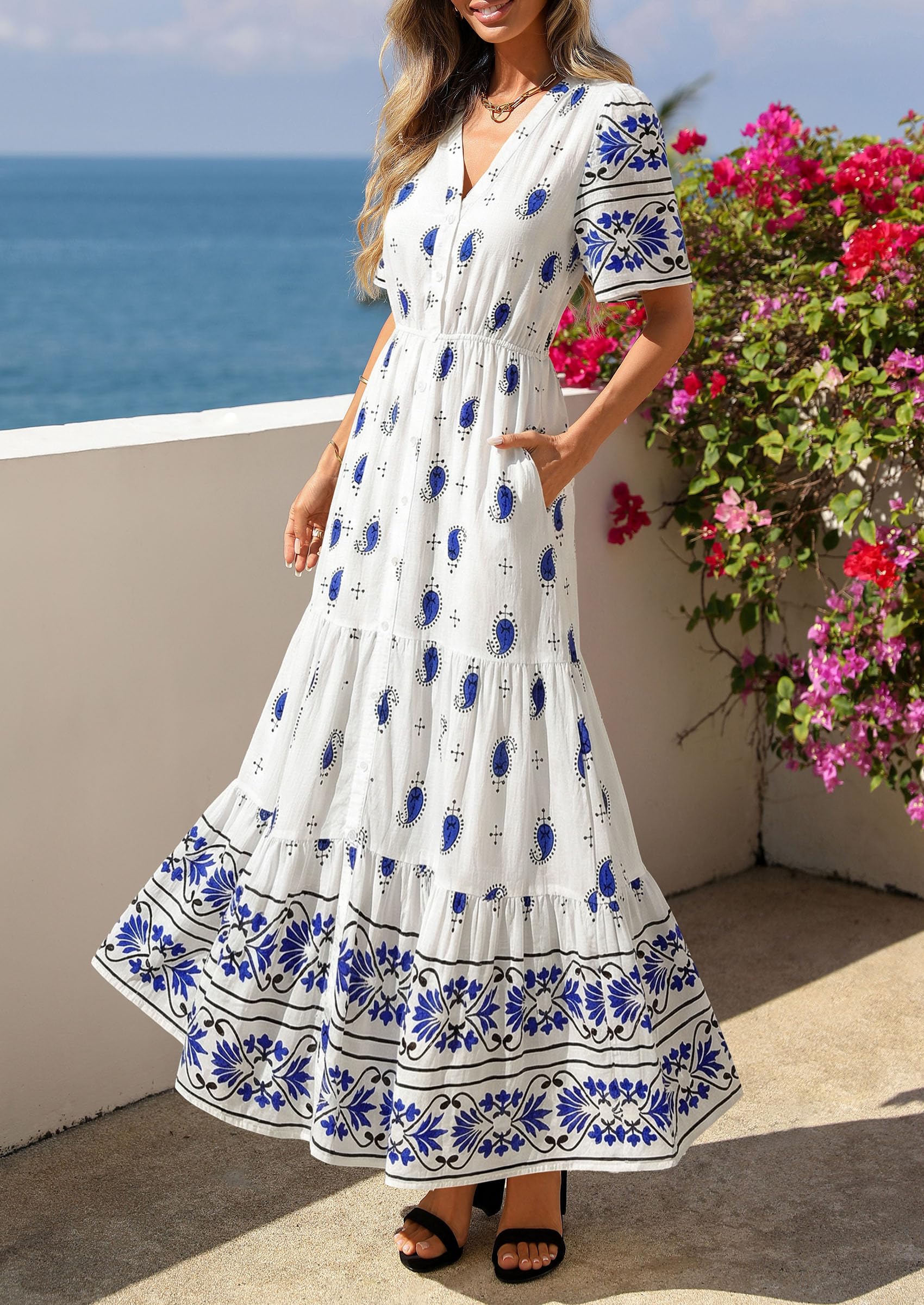 PRETTYGARDEN Womens Summer Boho Maxi Dress Trendy Short Sleeve V Neck Flowy Beach Floral Dresses with Pockets PRETTYGARDEN