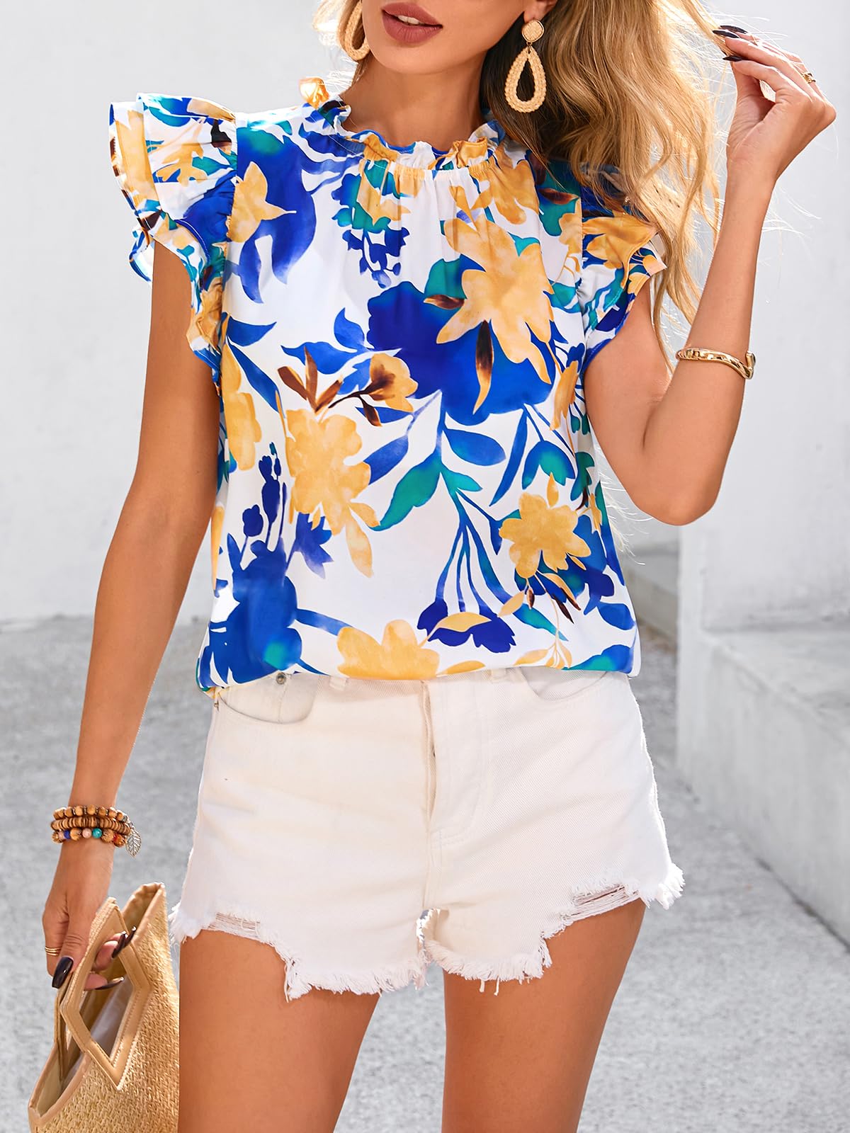 PRETTYGARDEN Women's Ruffle Short Sleeve Summer Tops Trendy Floral Trim Neck Casual Dressy Chiffon Boho Blouses Shirts PRETTYGARDEN