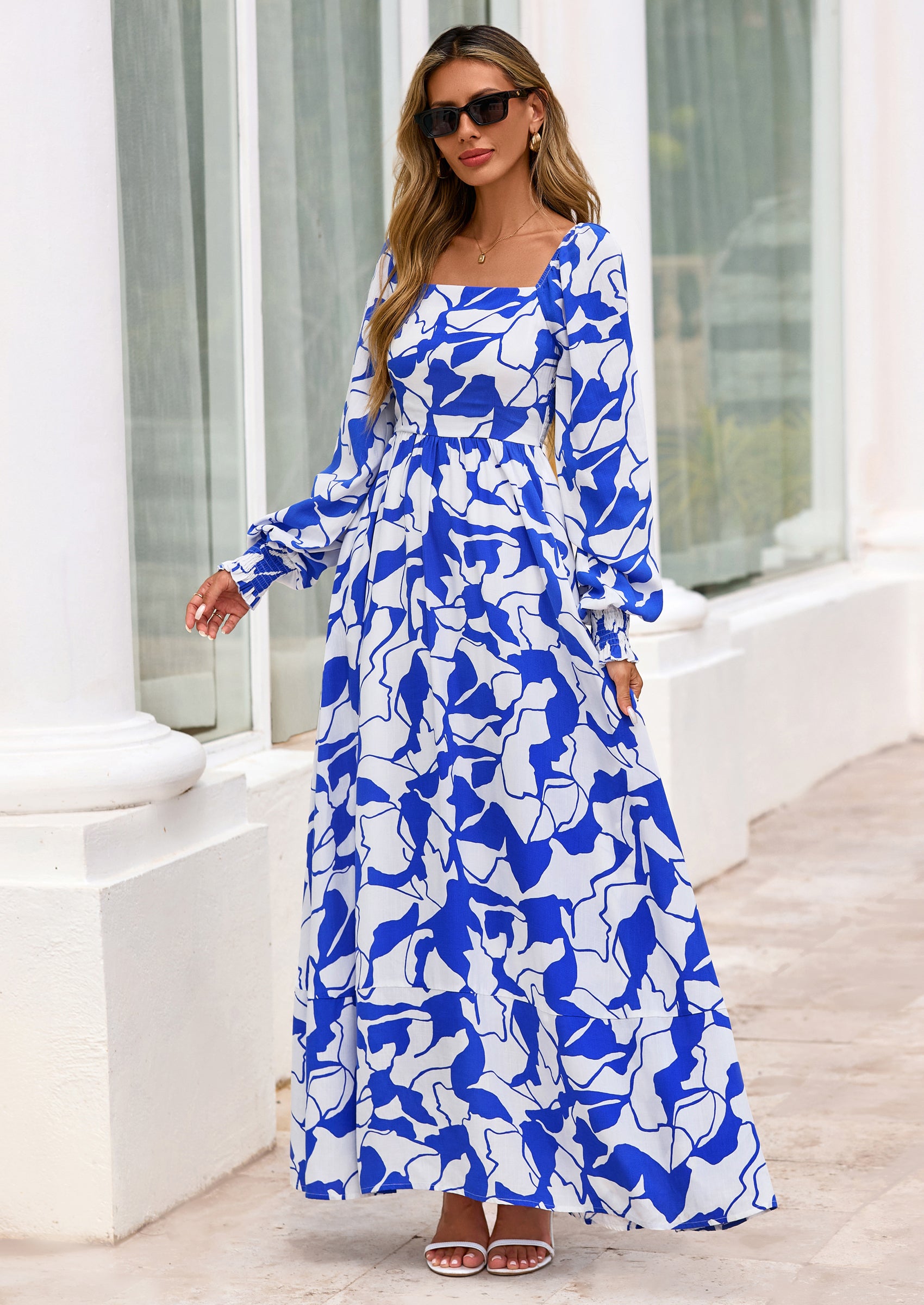 PRETTYGARDEN Women Floral Maxi Dresses Spring Long Sleeve Square Neck Boho A Line Wedding Guest Casual Flowy Long Dress