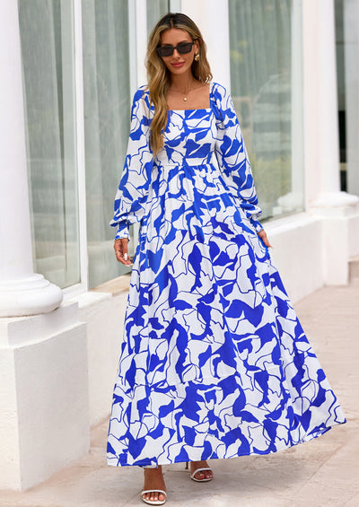 PRETTYGARDEN Women Floral Maxi Dresses Spring Long Sleeve Square Neck Boho A Line Wedding Guest Casual Flowy Long Dress