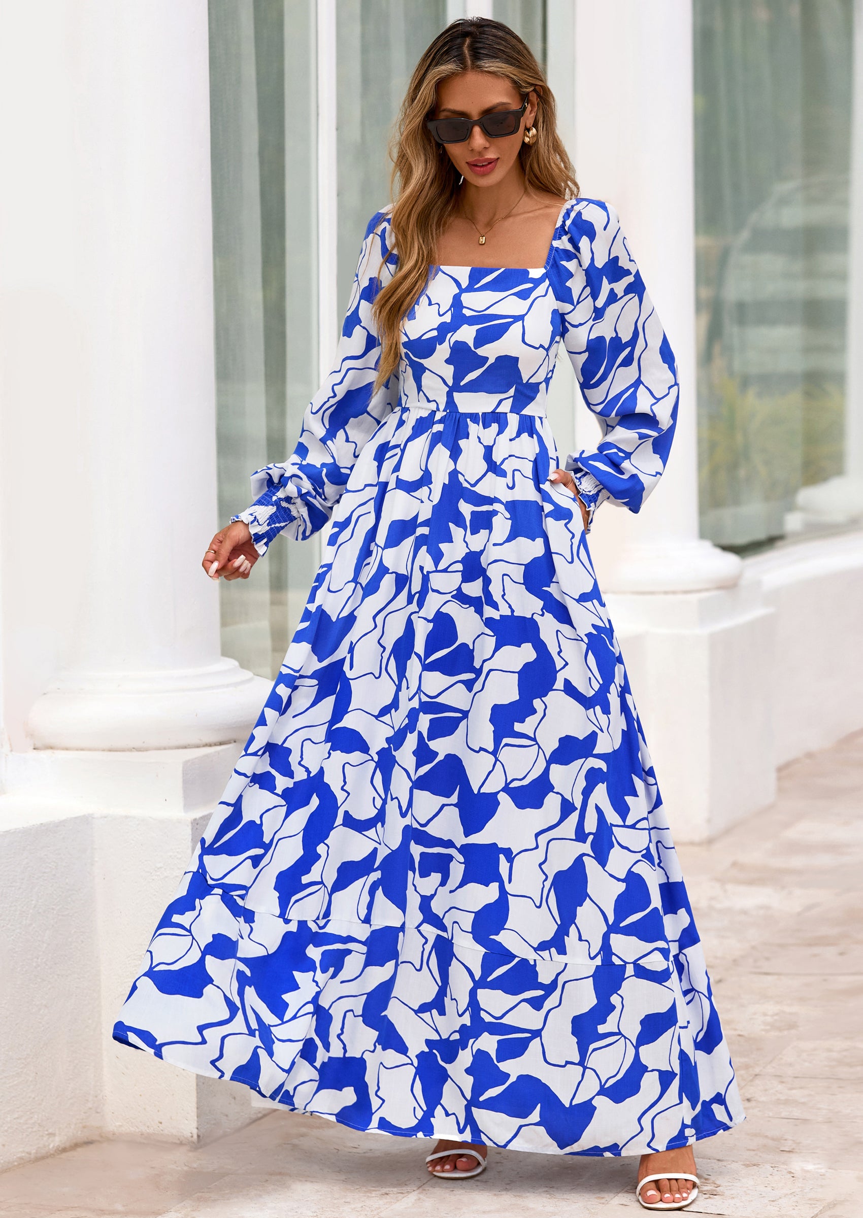 PRETTYGARDEN Women Floral Maxi Dresses Spring Long Sleeve Square Neck Boho A Line Wedding Guest Casual Flowy Long Dress