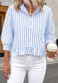 PRETTYGARDEN Collared V Neck 3/4 Length Sleeve Womens Tops Casual Striped Ruffle Button Down Shirts for Women Trendy Blouses PRETTYGARDEN