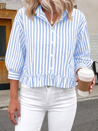 PRETTYGARDEN Collared V Neck 3/4 Length Sleeve Womens Tops Casual Striped Ruffle Button Down Shirts for Women Trendy Blouses PRETTYGARDEN