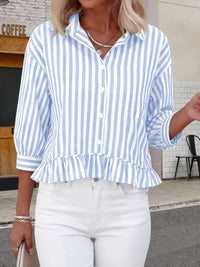 PRETTYGARDEN Collared V Neck 3/4 Length Sleeve Womens Tops Casual Striped Ruffle Button Down Shirts for Women Trendy Blouses PRETTYGARDEN